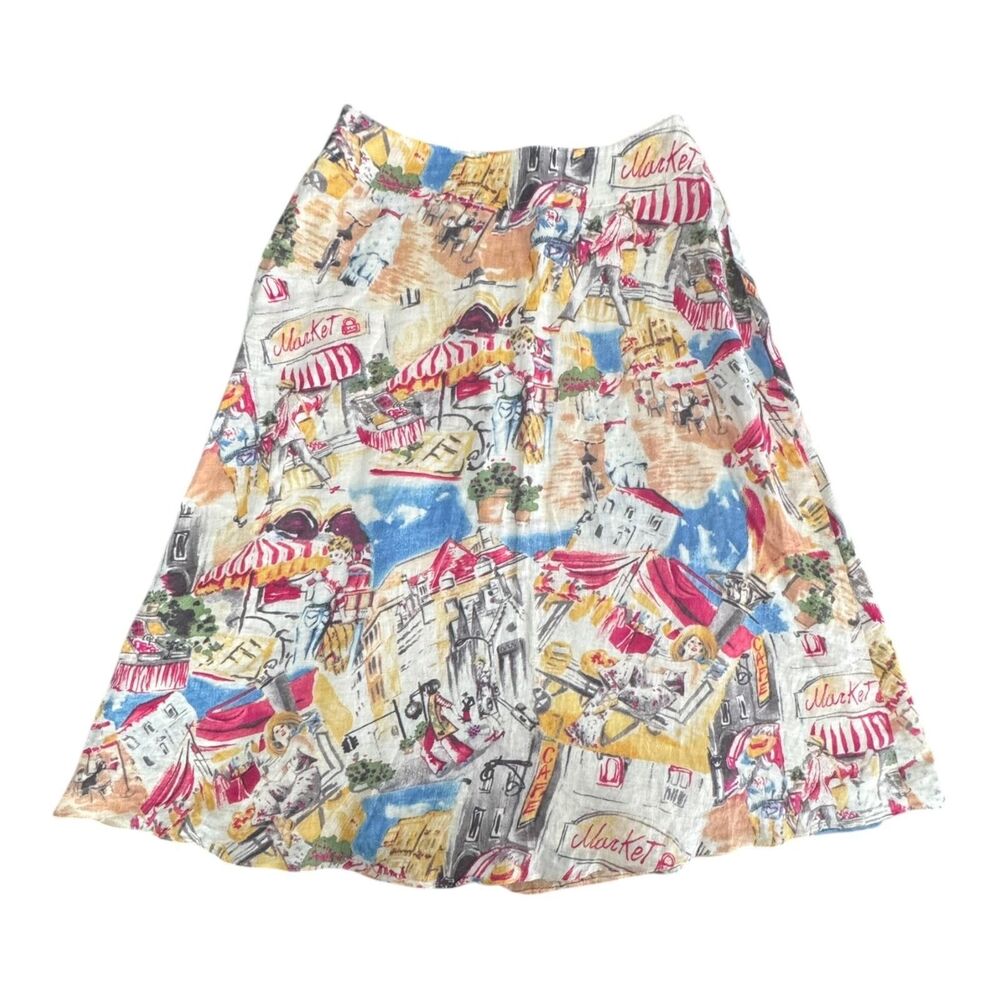 Liz Claiborne Skirt Womens Petite 2P Multicolor Linen A-Line Lined City Print